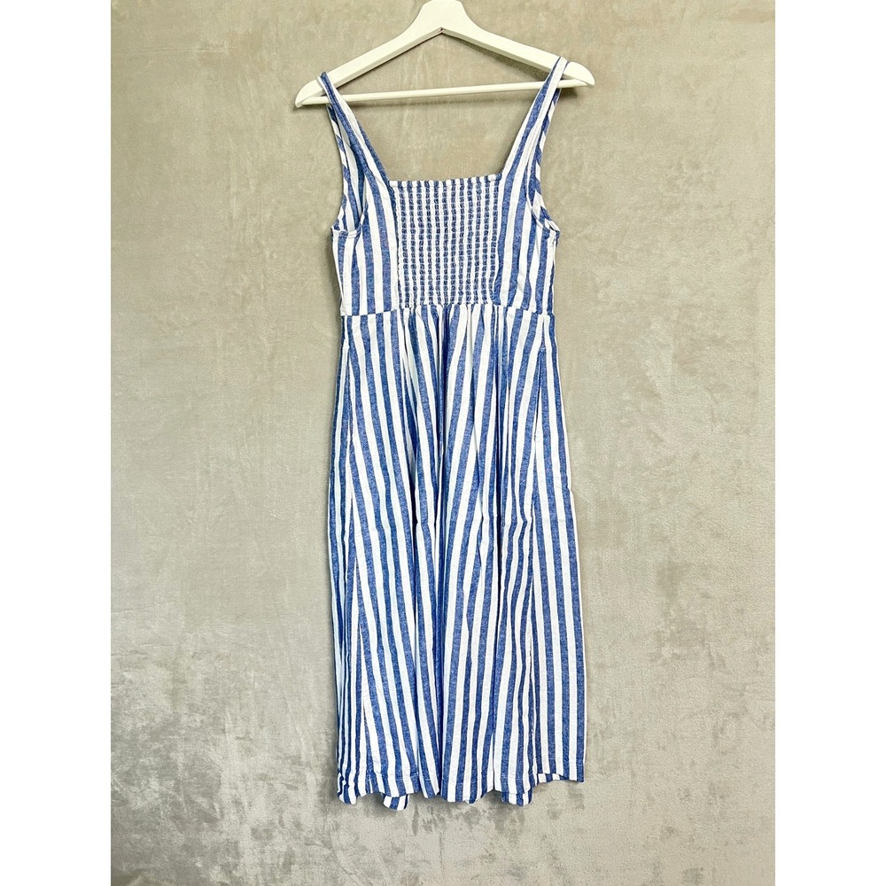 Old Navy Womens M Linen Blend Dress Pockets Blue White Stripe Nautical Bohochic - Picture 2 of 9
